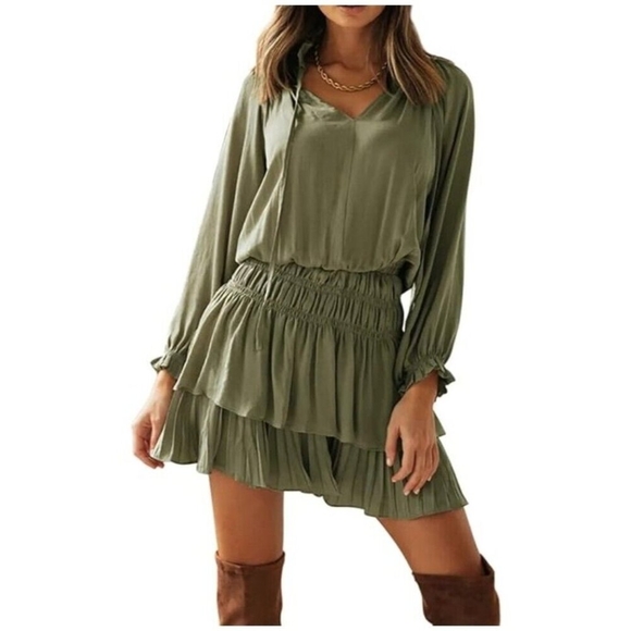 TaROO Aurelie Pleated Soft Mini Dress Olive Size S - Picture 1 of 14